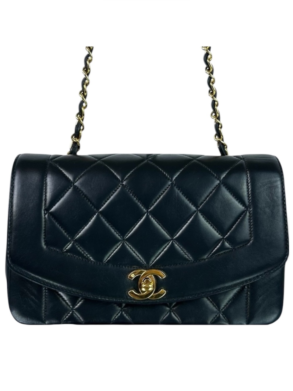 CHANEL DIANA Single Flap Quilted Matelasse Logo Lambskin Chain Bag